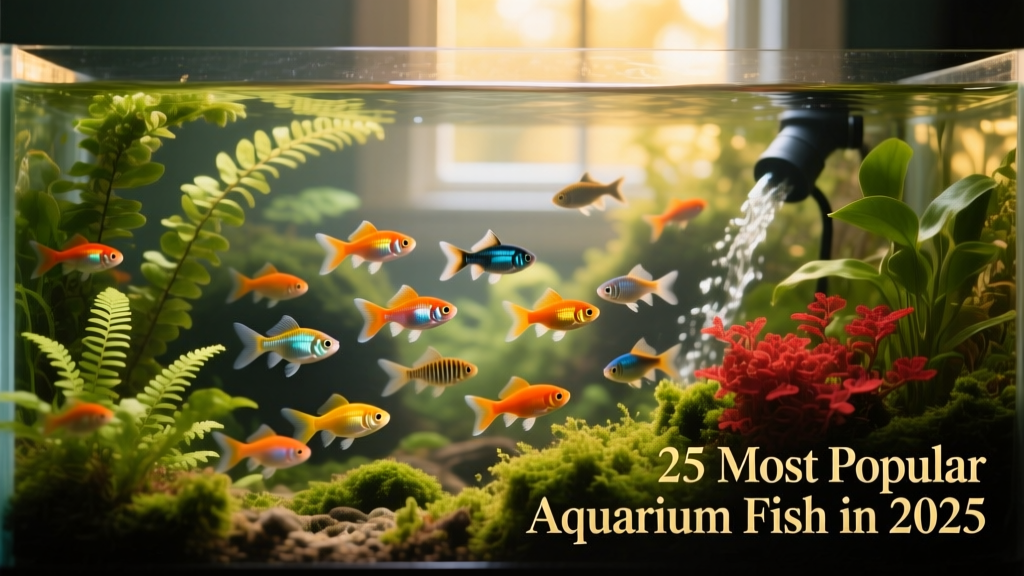 A vibrant community aquarium featuring guppies, tetras, and mollies swimming among lush live plants and gentle filtration