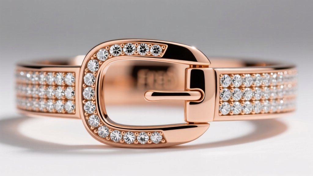 Macro shot of an 18k rose gold Fred bracelet buckle showing precise micro-pave diamond setting and polished beveled edges