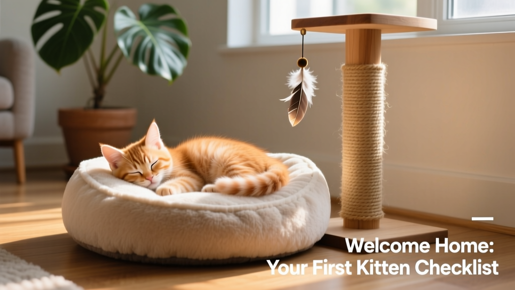 A kitten napping peacefully on a plush pet bed beside a scratching post and dangling toy