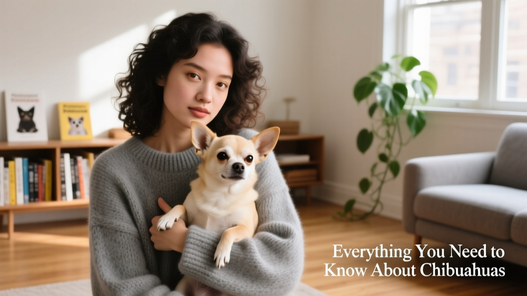 A woman in a soft grey sweater gently cradling a light beige Chihuahua against her chest