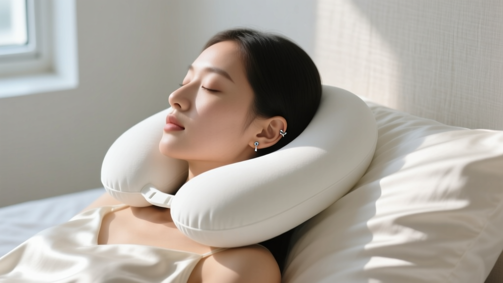 Side profile of a person sleeping on a silk pillowcase using a U-shaped travel pillow to protect a newly pierced cartilage ear