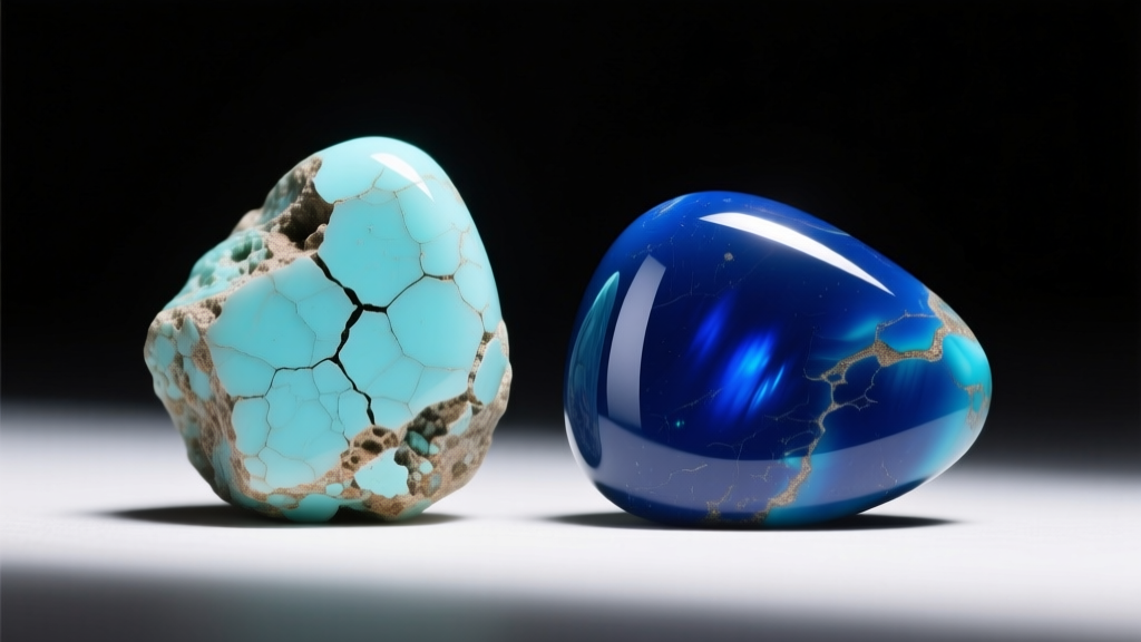 Macro photography comparing a raw porous pale turquoise cabochon next to a highly polished deep blue stabilized turquoise stone.