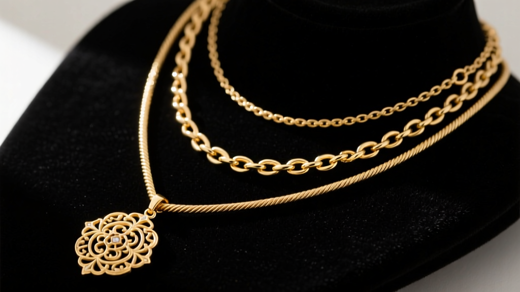 Gold long layered necklace stack on black velvet, showing a 24-inch pendant, a 20-inch rope, and a 16-inch cable chain.