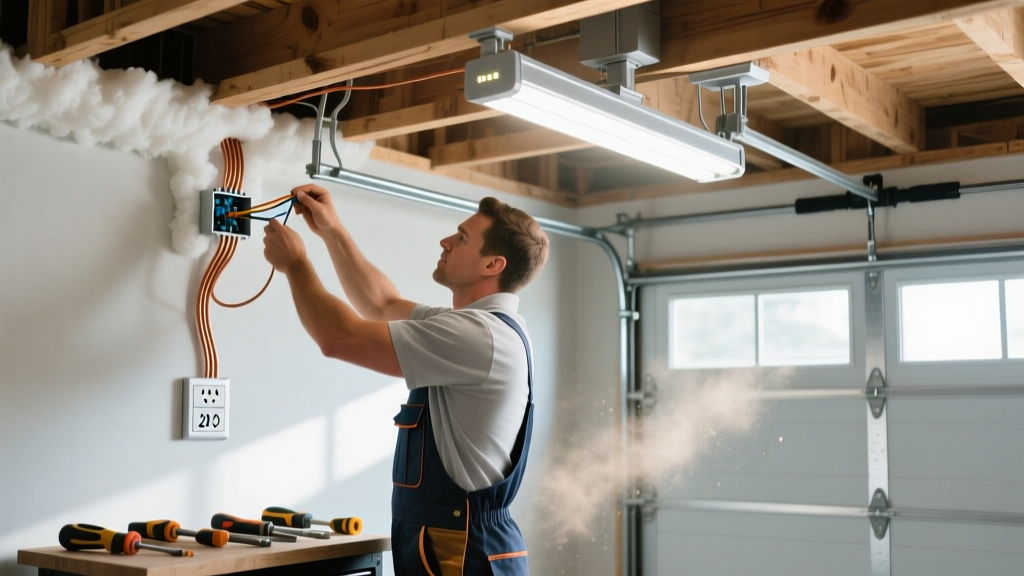 Electrician installing a dedicated 20-amp outlet and LED high-bay lighting fixture on exposed garage ceiling joists
