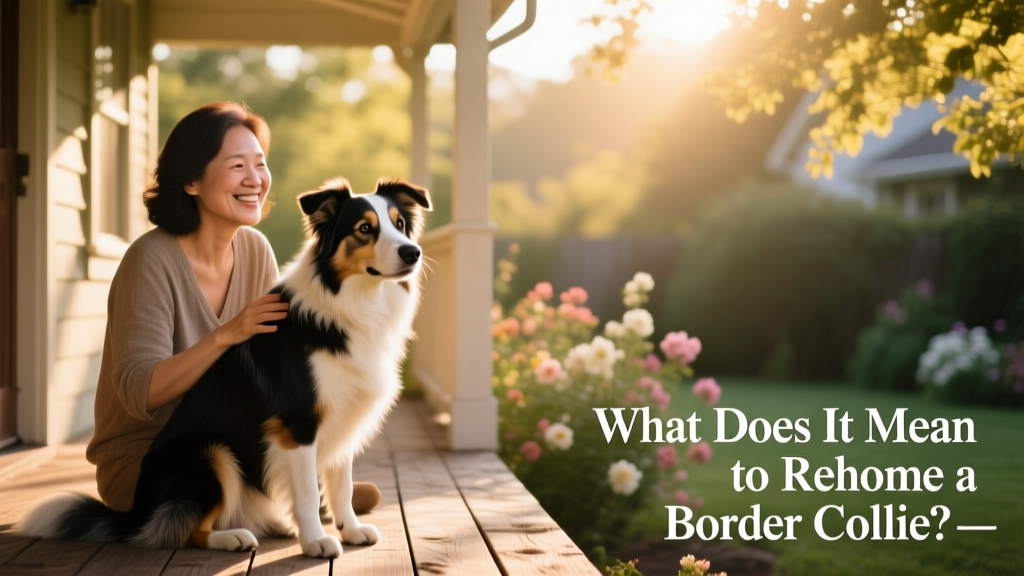 A calm, attentive Border Collie sitting beside a smiling adult on a sunlit porch