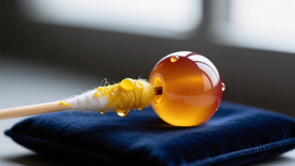 Close-up of a swab with yellow Simichrome polish residue after testing a translucent apple juice bakelite bead on a dark velvet pad