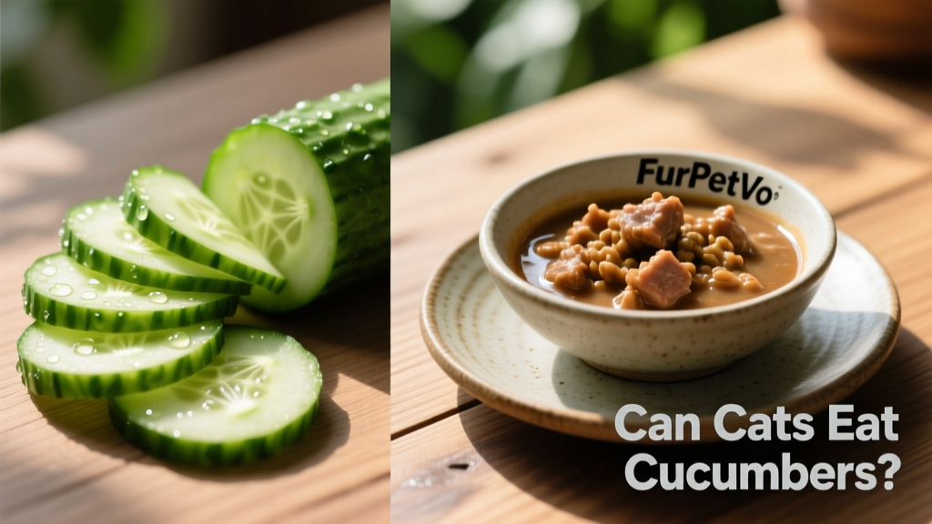 Side-by-side comparison: fresh peeled cucumber slices next to a bowl of high-quality wet cat food from FurPetVo