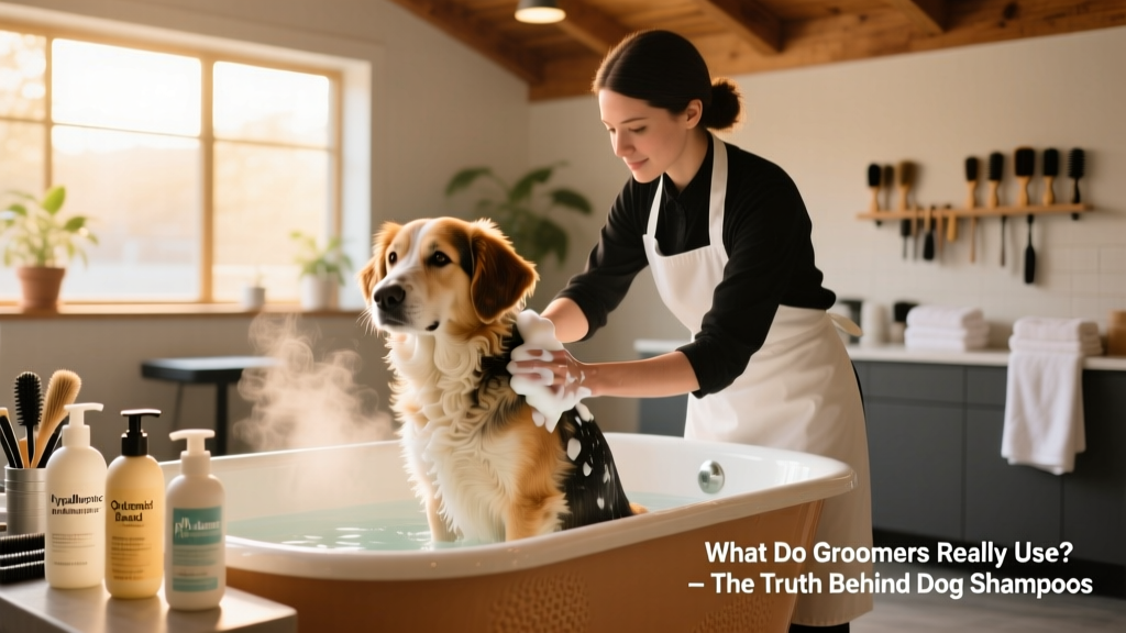 Professional groomer gently lathering a calm, medium-sized dog in a well-lit grooming tub