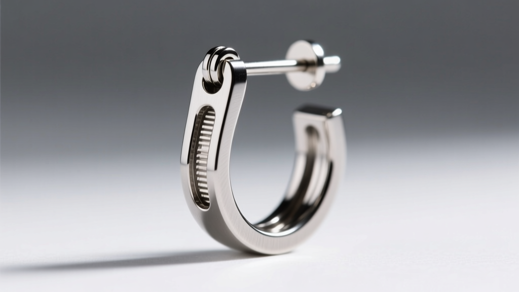 Close-up of a 16-gauge titanium ear hugger earring showing the precision snap-hinge mechanism and polished metal clasp detail.