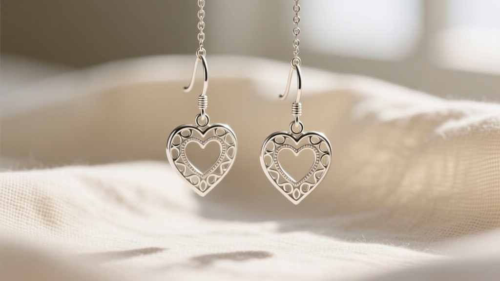 Close-up of sterling silver James Avery French heart drop earrings catching soft window light on a cream linen fabric backdrop