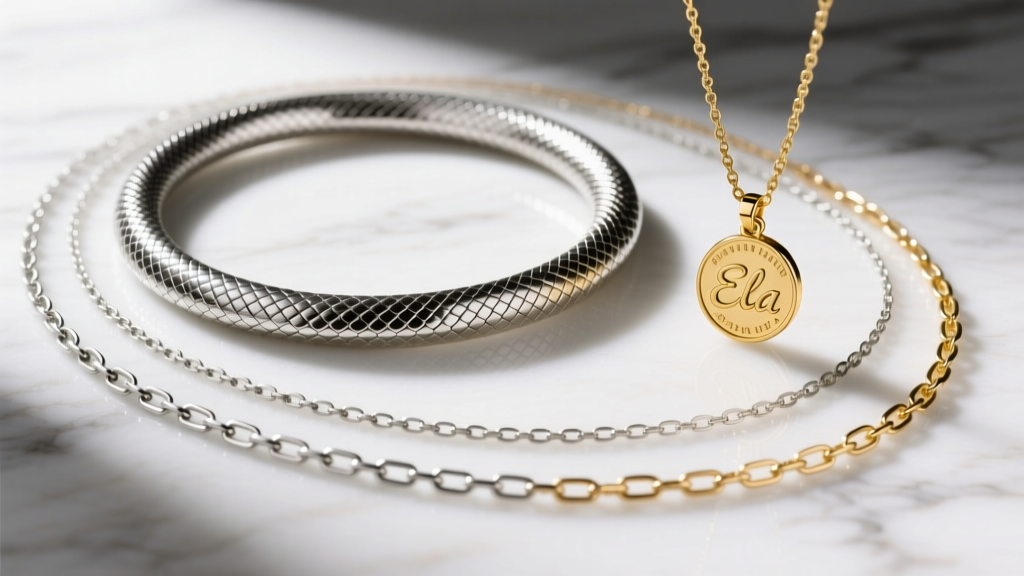 Layered necklaces on marble, showing a 14-inch snake choker, a 16-inch gold Elisa coin pendant, and a 20-inch paperclip chain.