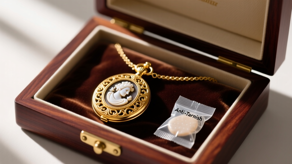 An antique gold locket and cameo necklace stored inside a lined wooden jewelry box with an anti-tarnish silica gel packet nearby.