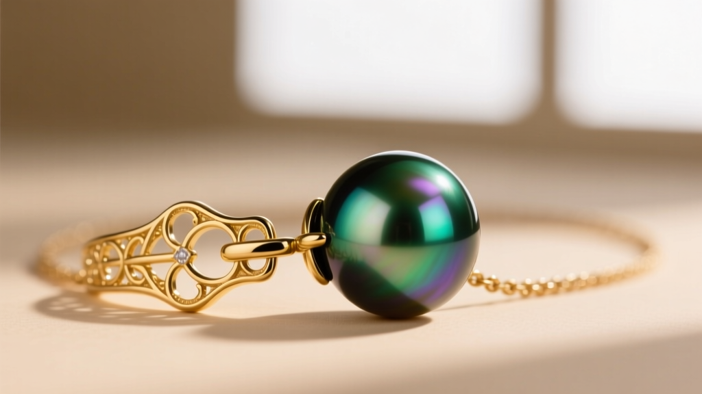 Macro shot of an 18k gold clasp on a Tahitian pearl necklace, highlighting the peacock green overtone on the dark nacre surface