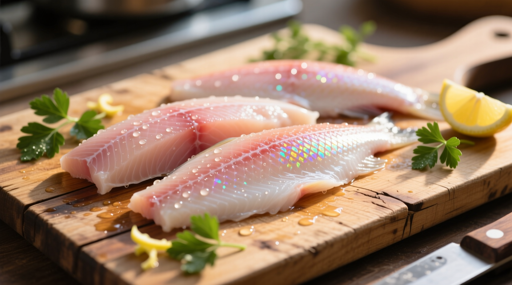 Fresh bass fillets on wooden cutting board