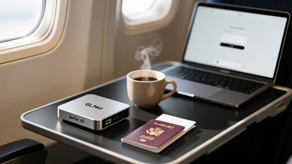 GL.iNet Beryl AX mini travel router sitting next to a passport and coffee on an airplane tray table with a laptop in the soft background