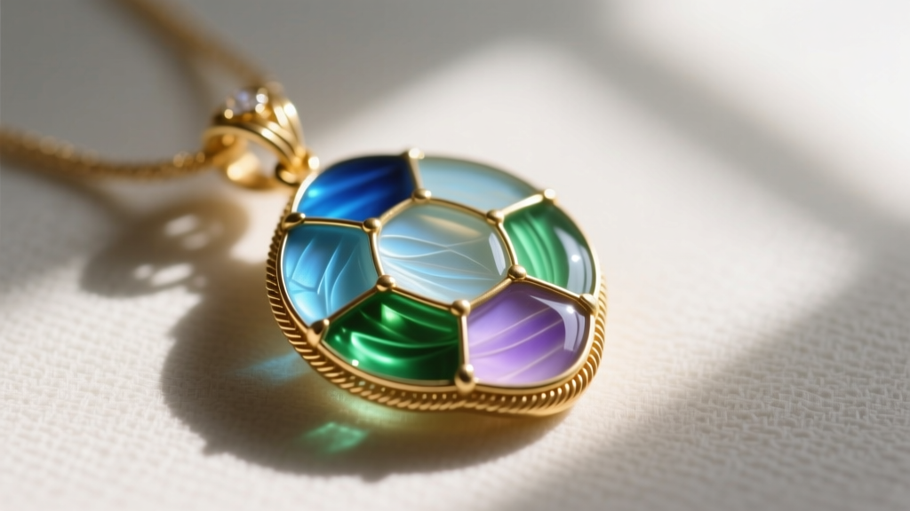 Macro shot of plique-à-jour enamel on an antique gold pendant, showing translucent colors and delicate wirework borders