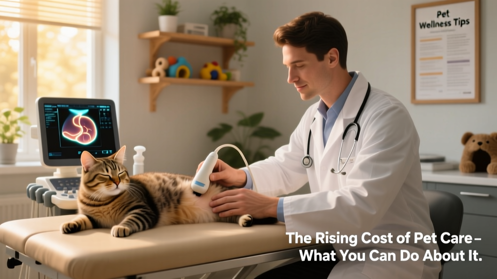 A veterinarian using an ultrasound machine to examine a cat during a routine wellness visit