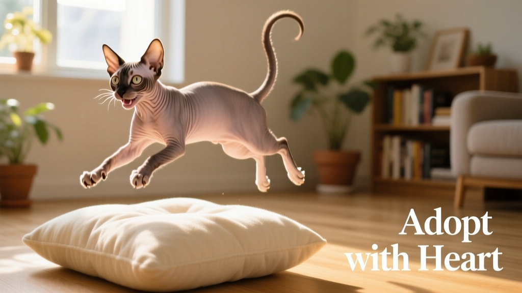 A joyful CH cat mid-leap onto a soft cushion, tail high, showing coordination and confidence