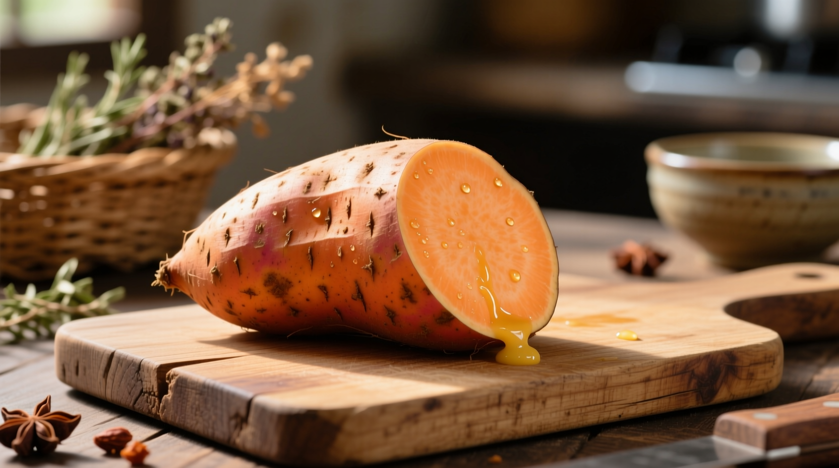 Fresh large sweet potato on wooden cutting board