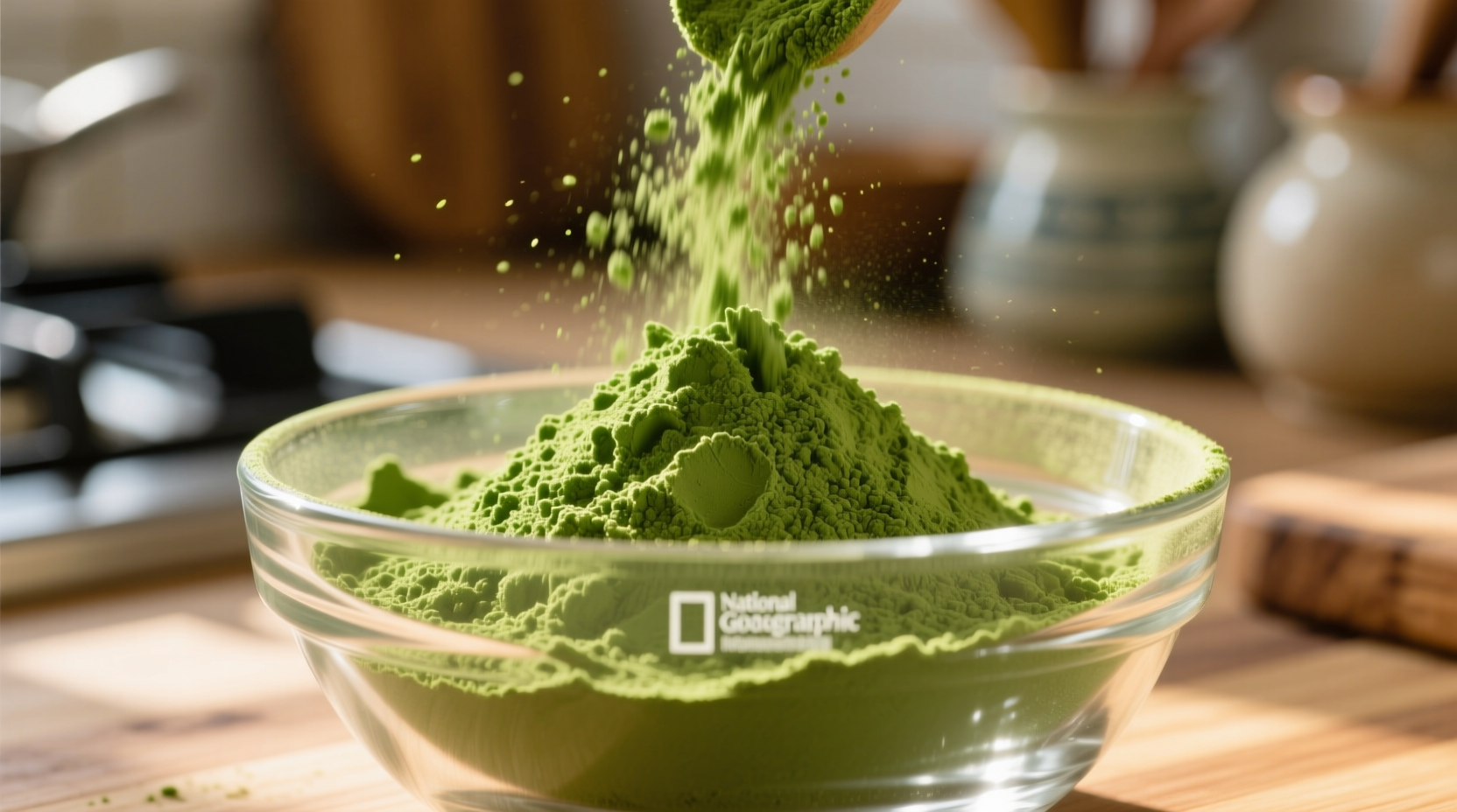 Close-up of vibrant green moringa powder in a glass bowl