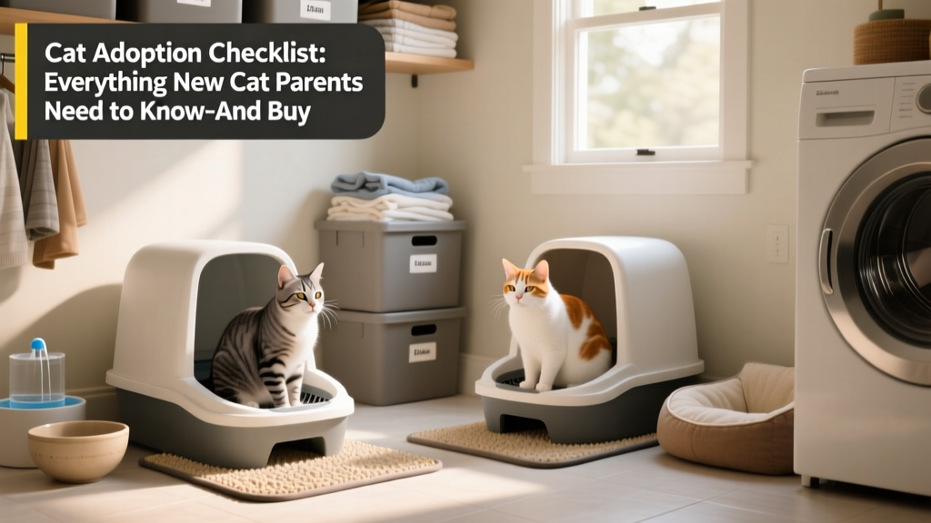 Two cats calmly using separate litter boxes in a bright, organized laundry room with a litter mat visible beneath each