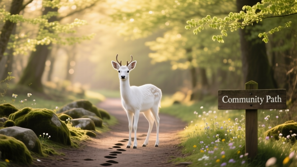A serene forest path with a rare white deer standing quietly among dappled light and spring foliage
