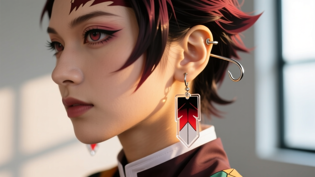Cosplayer wearing lightweight acrylic Tanjiro Kamado earrings, showing a thin 20-gauge surgical steel fishhook in soft daylight.