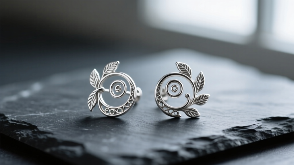 Macro shot of sterling silver scroll and vine earrings on dark slate, highlighting delicate filigree spirals and leaf motifs