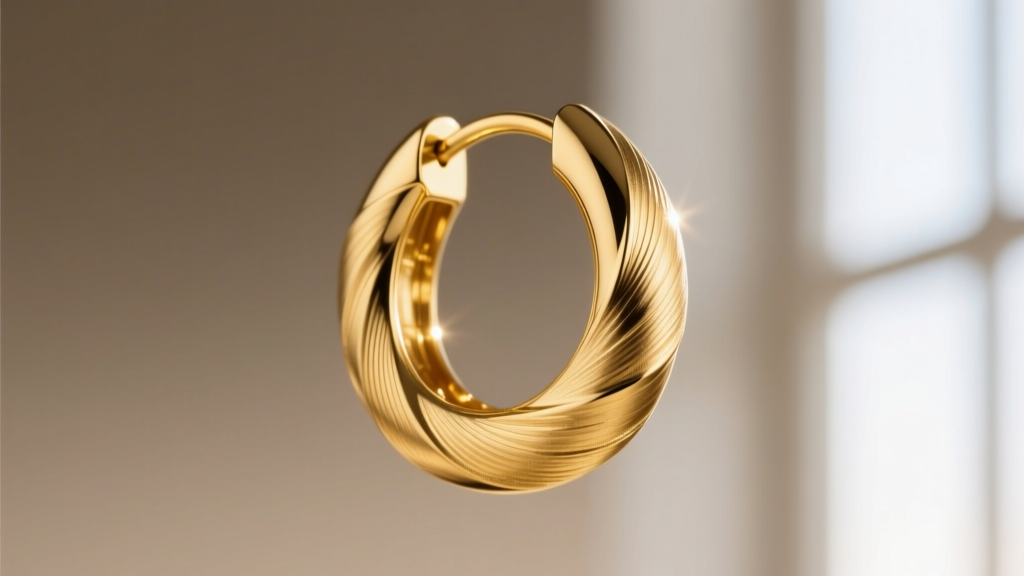 Macro photography of a 14k gold vermeil huggie hoop earring highlighting the thick gold layer and brushed metal texture