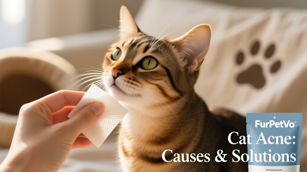 Hand using a FurPetVo Antiseptic Skin Wipe to gently clean a cat's chin