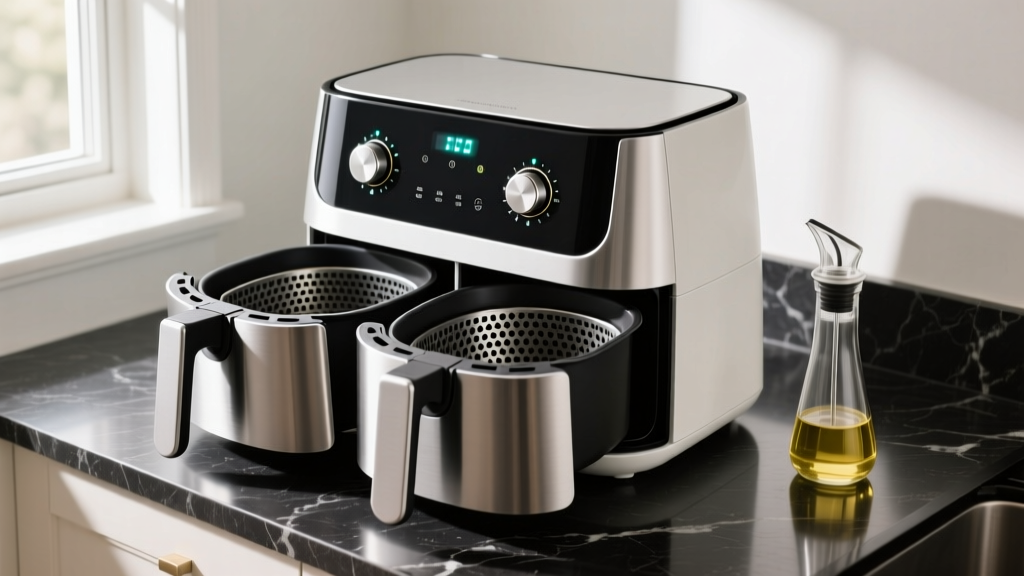Dual-basket air fryer open with perforated steel accessories, magnetic dials on top, and glass oil mister on dark quartz countertop.