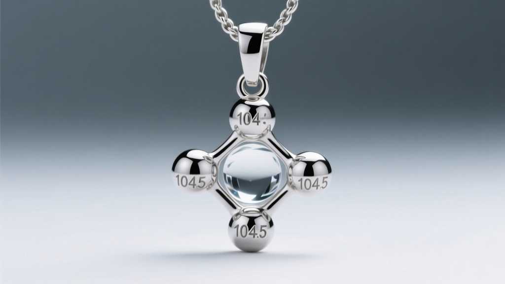 Macro shot of polished stainless steel water molecule pendant showing the precise 104.5-degree bond angle in soft lighting.