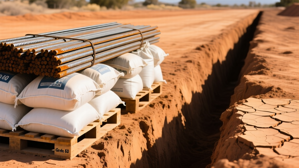 Pallets of Grade 60 rebar and bags of Portland cement staged next to a trench excavated in expansive clay soil in Orange, California