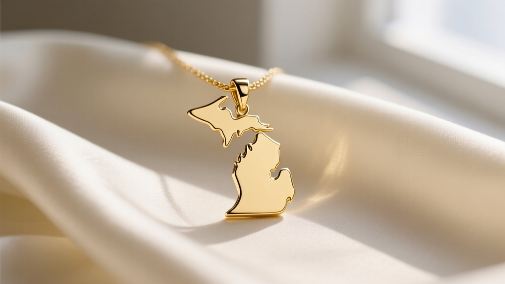 Minimalist 14k solid gold Michigan state outline pendant resting on cream silk, soft window light highlighting polished metal.