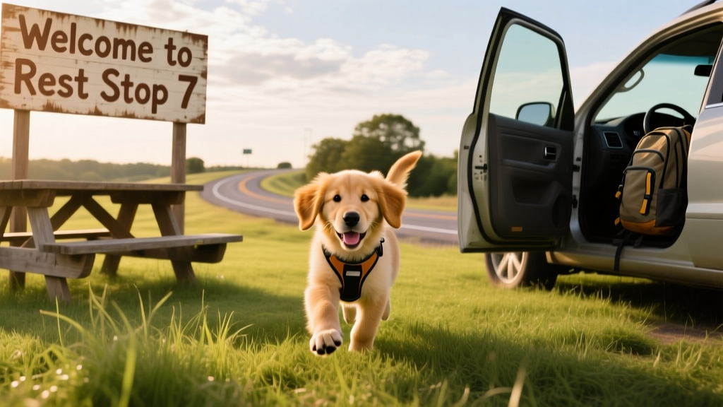 A happy puppy enjoying a short walk on grass near a rest stop during a road trip