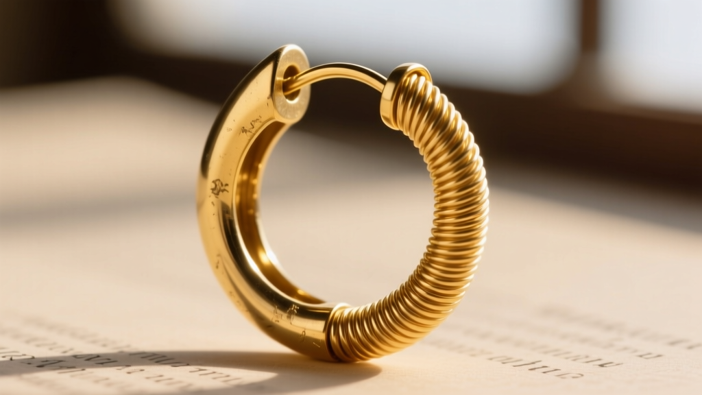 Macro photography of a traditional Mexican gold hoop earring saddle clasp mechanism, showing the precise wire-to-tube friction fit.