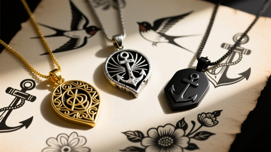 Flat lay of three tattoo-style hand pendants in gold, oxidized silver, and black titanium on a vintage tattoo flash art paper