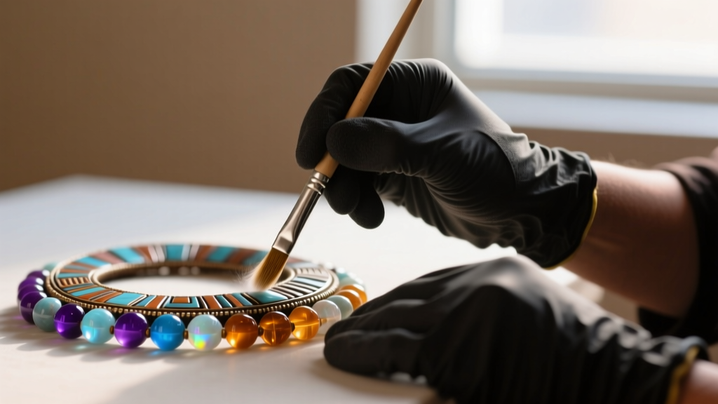 Close-up of a conservator gently dusting delicate magnesite and glass seed beads on a Pomo necklace using a soft sable brush