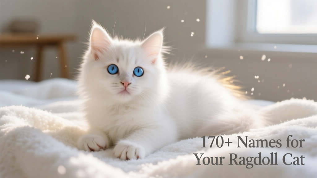 A pure white Ragdoll kitten resting on a snowy-white blanket, eyes wide and bright blue