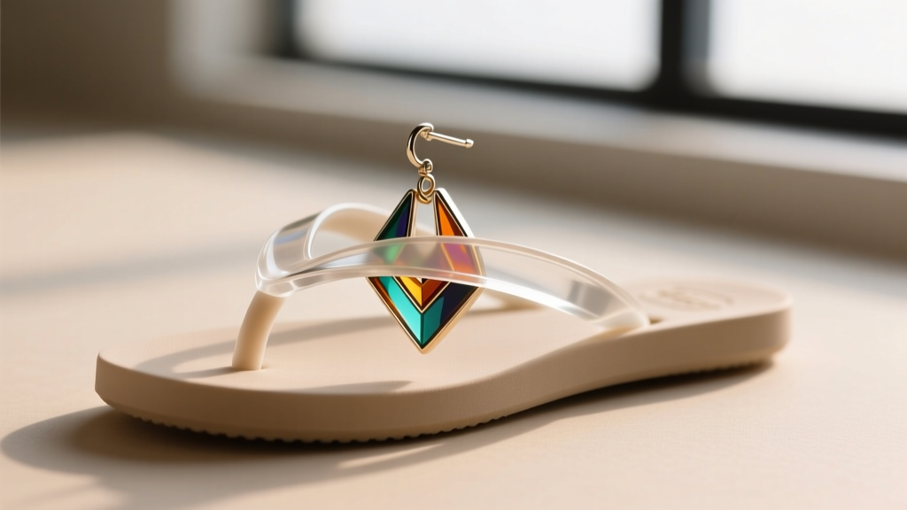 Clear silicone patch stabilizing a heavy resin flip flop earring post to prevent sagging under a soft, bright studio lighting.