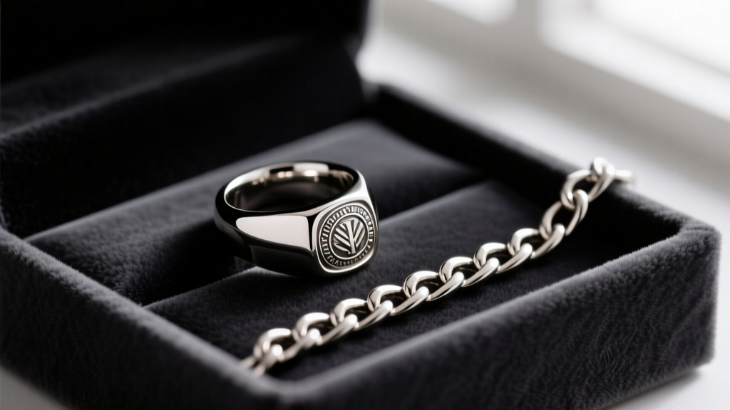 Flat lay of a 316L stainless steel signet ring and 4mm cuban link chain on a dark velvet gift box under warm studio lighting
