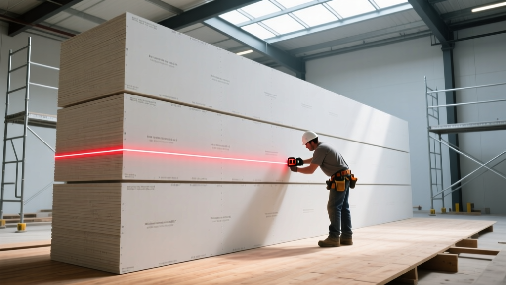 Contractor measuring a stack of 4x12 foot gypsum board panels with a laser measure in a commercial framing site