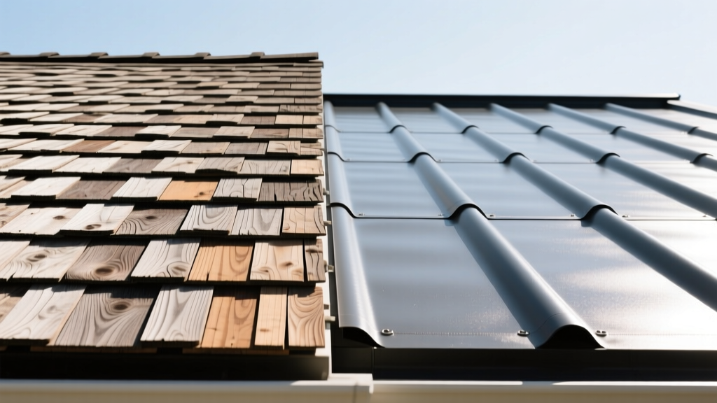 Residential architectural shingles and a commercial TPO flat roof under sunlight, highlighting material textures and seams