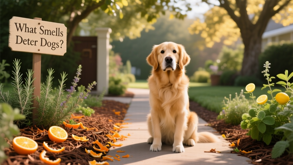 A calm, confident dog sitting beside a clearly marked garden path bordered with citrus-scented mulch and aromatic herbs