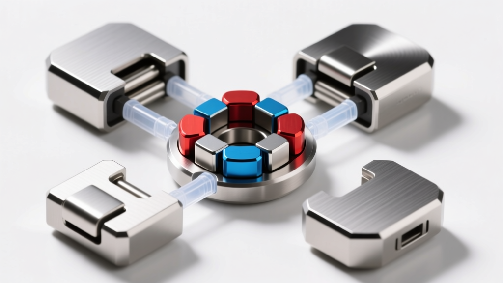 Exploded view of a neodymium magnetic closure in brushed titanium, revealing internal polarity alignment and secure glue joints.