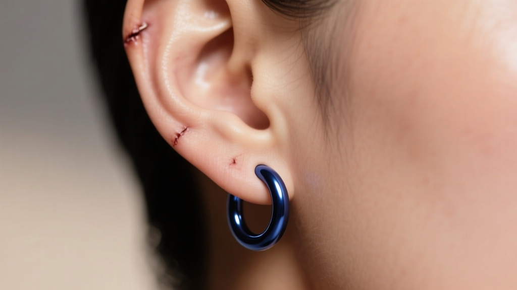 Close-up of a healed earlobe wearing a dark blue niobium hoop, showing the smooth finish and healthy, irritation-free skin