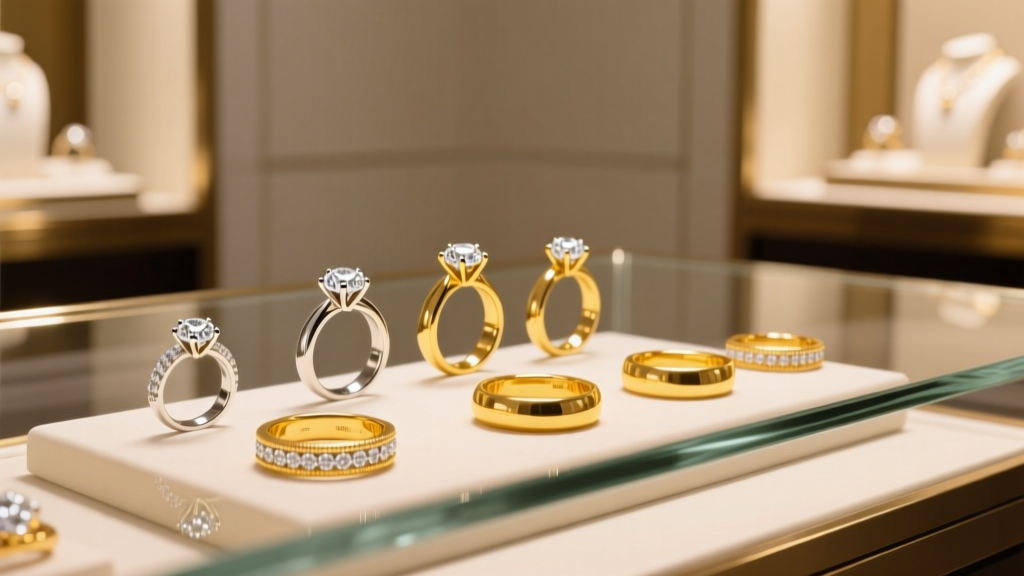 Glass counter showing round diamond engagement rings and yellow gold bands under warm boutique lighting in sharp focus