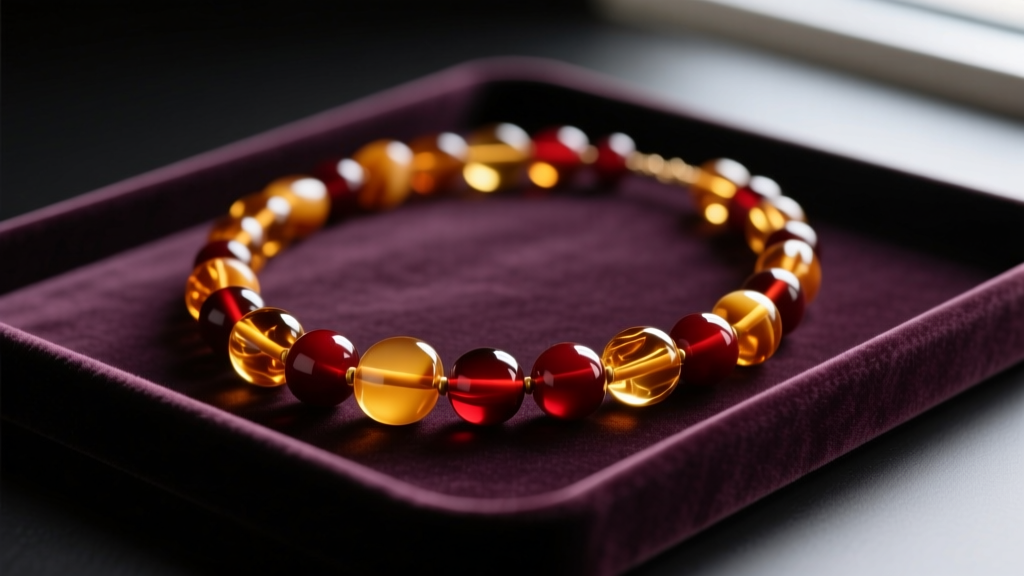 Vintage Baltic amber necklace with cognac and cherry beads resting on a dark velvet jewelry display tray under soft, warm lighting.