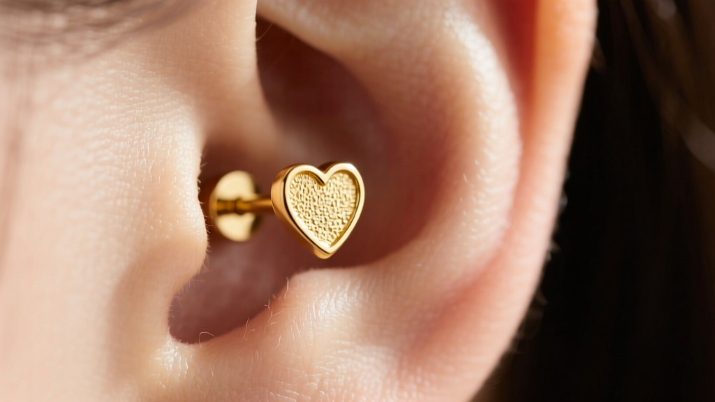 Macro shot of an earlobe wearing a tiny 4mm gold heart stud earring, highlighting the scale and a secure titanium flat-back post.