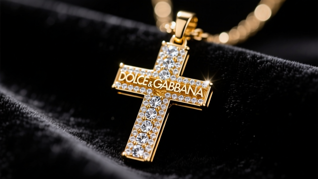 Macro shot of a gold-tone Dolce and Gabbana cross pendant with pavé crystals on black velvet under bright studio lighting.